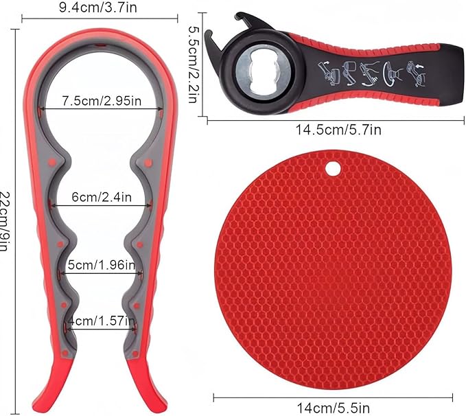 3-Piece Jar & Bottle Opener Set for Seniors, Non-Slip Silicone Grip Mat, Ergonomic Kitchen Gadget (red and grey)
