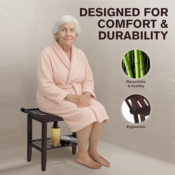 24 in Bamboo Shower Bench for Inside Shower to Sit on,Waterproof Shower Stool for Shaving Legs,Spa Bathroom Shower Chair with Storage Shelf, Bathroom Bench Seat for Senior Adult Disabled Elderly
