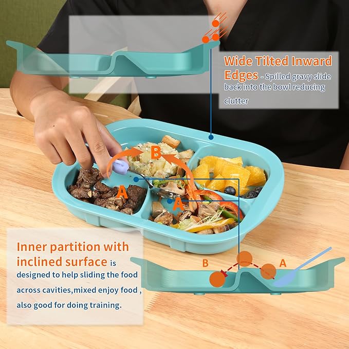 Adaptive Utensils Scoop Weighted Plate,Spill-proof 4-Compartment Divided Plates with Extra Wall for Elderly,Non-slip Disabled Products for Handicapped to Self-feeding-Pack of 1