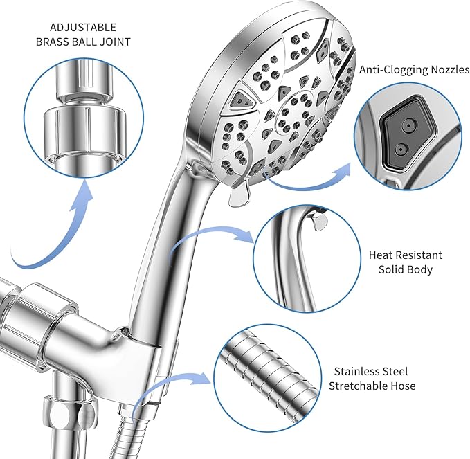 High Pressure 8-mode Handheld Shower Head with 5 ft Stainless Steel Hose and Adjustable Bracket, Built-in Power Wash to Clean Tub, Clean Corner,Tile & Pets