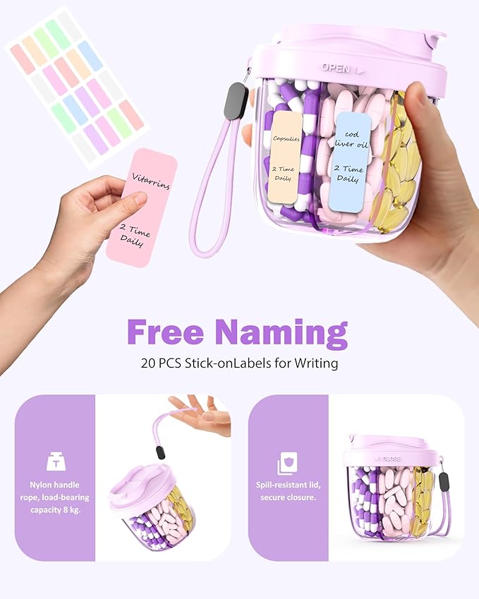 Cute Pill Organizer,Pill Dispenser with 7 Large Compartments,Portable Pill Bottle Box with Wide Opening for Easy Use, Anti-Mix Pills Organizer for Travel,Includes 20 Pcs Sticky Labels(Purple)