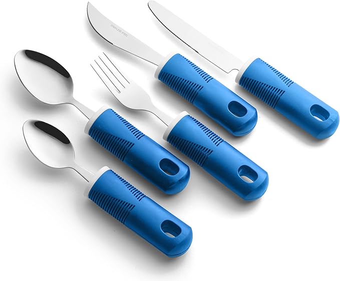 Special Supplies Adaptive Utensils (5-Piece Kitchen Set) Wide, Non-Weighted, Non-Slip Handles for Hand Tremors, Arthritis, Parkinson’s or Elderly Use - Stainless Steel (Blue)