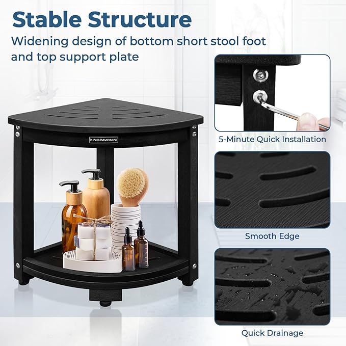 KingPavonini HDPS Corner Shower Stool for Inside Shower, Waterproof Shower Bench, Anti-Fracture & Anti-Fading Shower Seat with Storage Shelf, Rapid Assembly, Load 400 Pounds