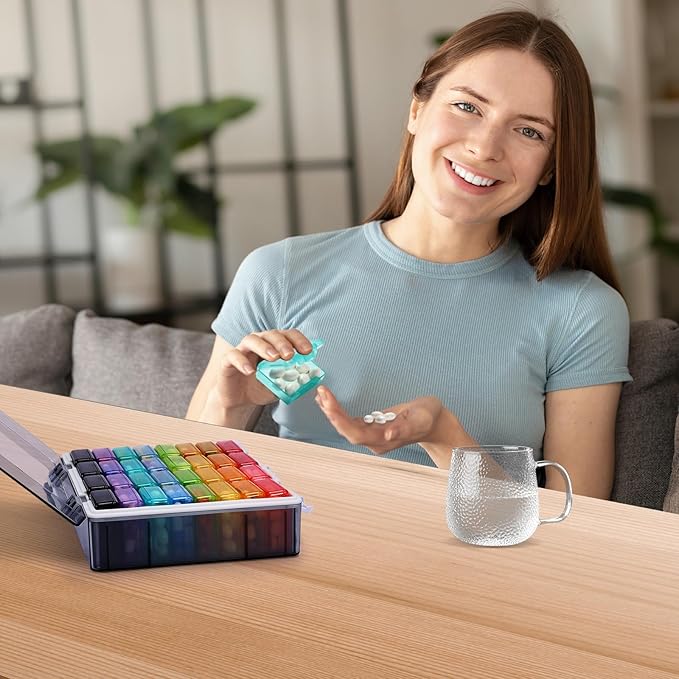 Fullicon Monthly Pill Organizer 1 Time a Day with 32 Compartments, 30 Day Pill Organizer with Labels, Portable Medicine Pill Organizer for Vitamin, Fish Oil, Supplements (Black/Rainbow)