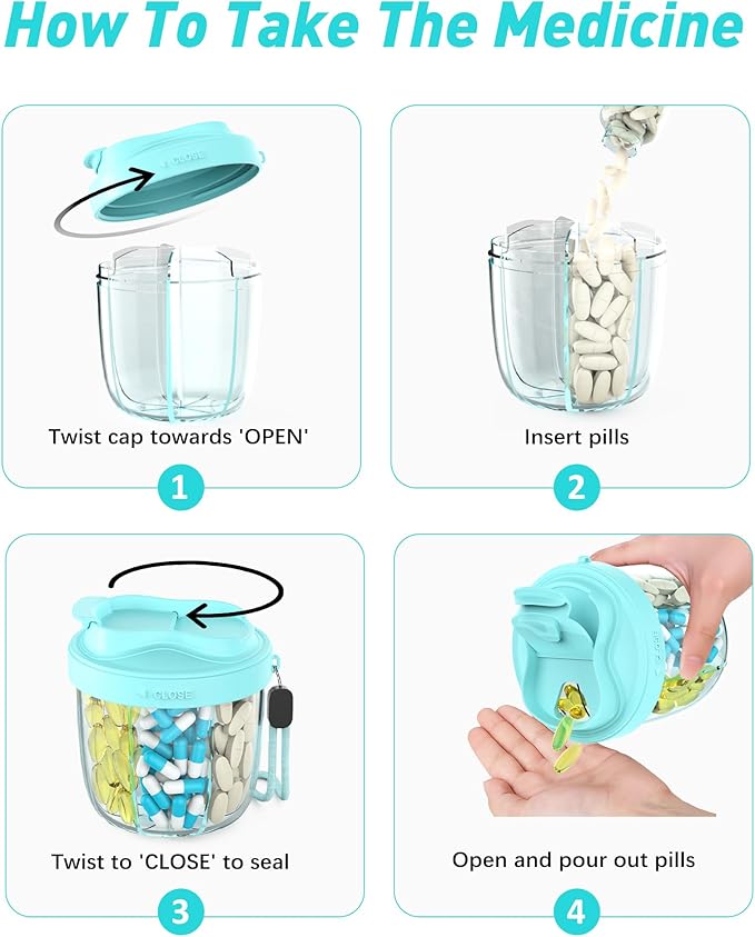 Pill Organizer,Pill Dispenser with 7 Large Compartments,Portable Pill Box for Travel, Anti-Mix Design & Wide Opening Design, Easy Access to Vitamin Dispenser, Includes 20 Blank Stickers(Blue)
