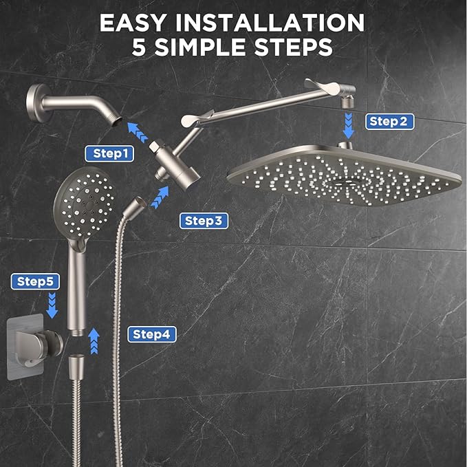 Veken 11.8" Rain Shower Head with Handheld, High Pressure Handheld Shower with Multi Spray Modes, Rainfall Combo with Metal Extension Arm, Detachable Dual Showerhead, Bathroom Decor, Starlight