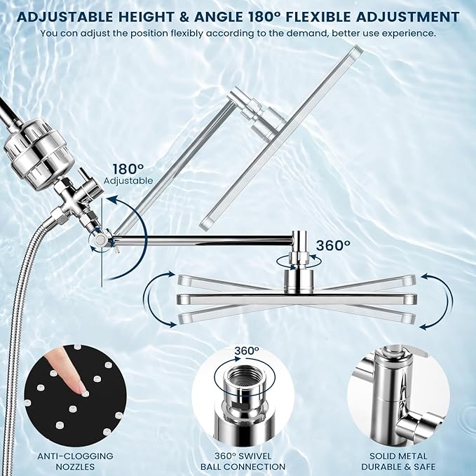 Filtered Shower Head with Handheld Combo,11.8 Inch Large Rectangular Chrome Rain Shower Head with 5 Modes Handheld Spray Combo,Adjustable Double Shower Heads with Holder and 11'' Extension Arm