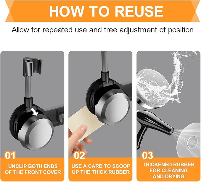 Shower Head Holder Suction Cup with 4 Hanger Hook Wall Mount - 2 in 1 Design - No-Drill Strong Adhesive Shower Wand Bracket - Adjustable Handheld Shower Head Mount - Gun Gray