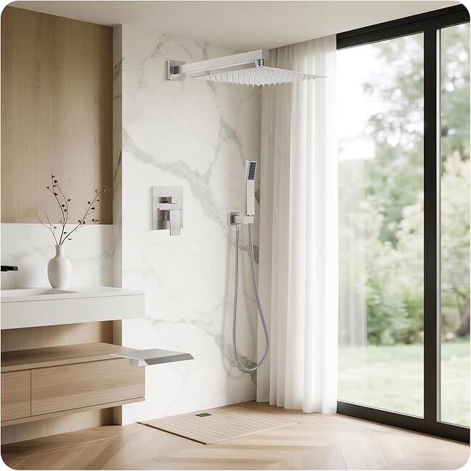 Brushed Nickel Shower Faucet Set, 10 inch Rain Shower System w/Pressure Balance Valve, Wall Mounted 2-Functions Bathroom Shower Systems w/Rain Shower and Handheld Spray Shower Trim Included