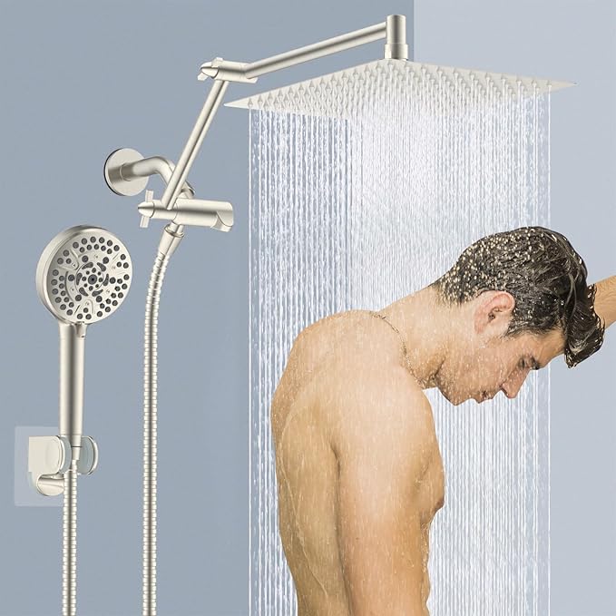 12” All Metal Rain Shower Head, High Pressure Rainfall Shower Head with Handheld Showerhead, 5“ Handheld Spray Powerful Clean 10-Mode, 16" Stainless Steel Adjustable Extension Arm, Brushed Nickel