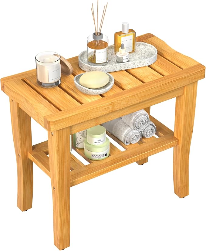 Bamboo Shower Bench Stool with Storage Shelf Waterproof Shower Chair Spa Bath Seat First Apartment Essentials New Home Must Haves Things Stuff Accessories House Warming Hostess Host