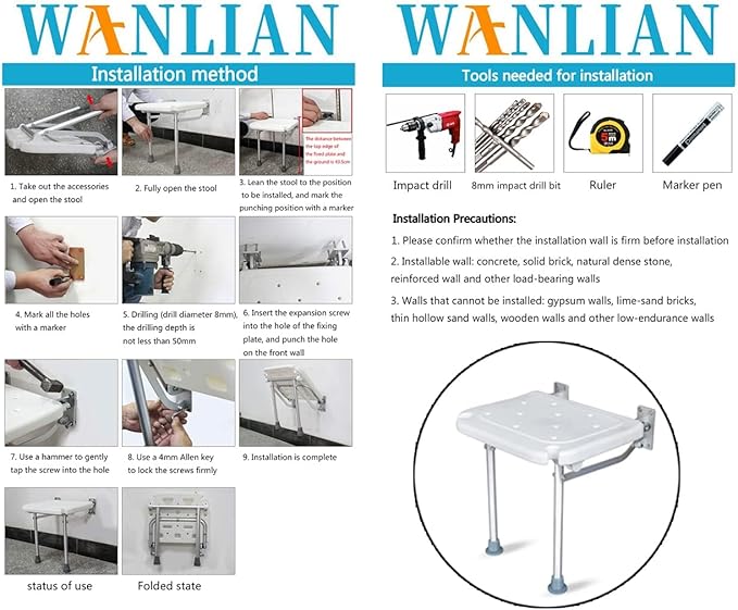 Folding Shower Seat,Wall Mounted Shower Seat for Kids,Seniors, Disabled - Foldable,White Composite, 15.7X 12.6,for Bathroom,Shoe Area,Hallway.Supports 400 lbs - Tub's Can Folding C (Grey)