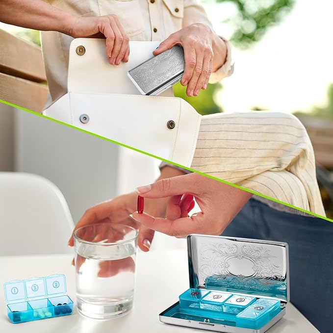 Pill Organizer with 3 Compartments 7 Day Metal Pill Box for Fish Oil/Food Supplements Travel Pill Box. (Rectangle-Silver, Large Rectangle)