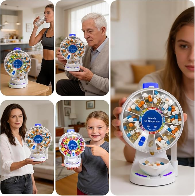 14-Day Push Button Pill Dispenser for Seniors & Caregivers | Standing or Wall-Mount Medication Organizer with Child Lock, 14 Large Compartments for Fish Oil, Vitamins, Medicine, or Supplements, Blue