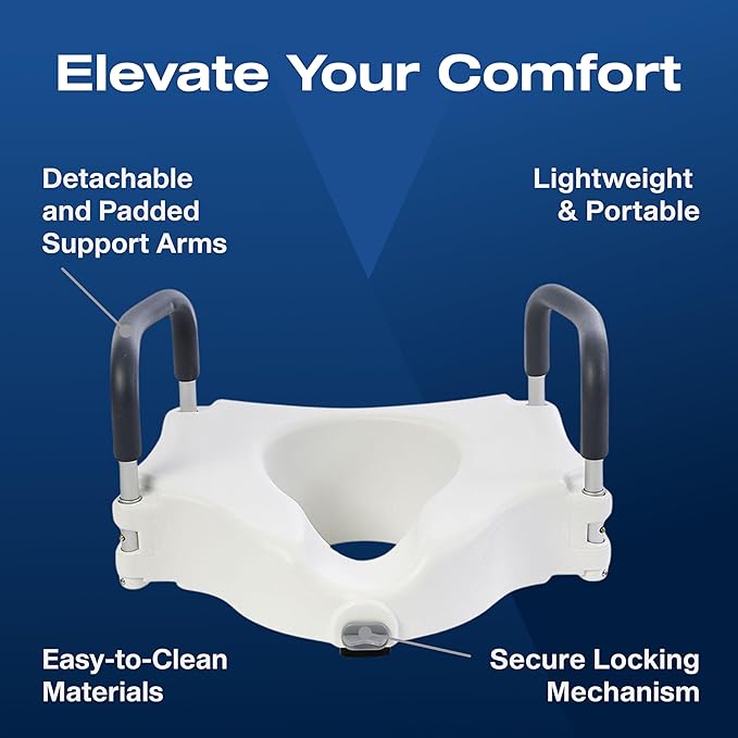 VMS Raised Toilet Seat with Removable Handles & Locking Seat | Adds 5" to Toilet Seat Height | Ergonomic Contour Design & Detachable, Padded Arms for Safety & Comfort for Seniors and Medical Home Care