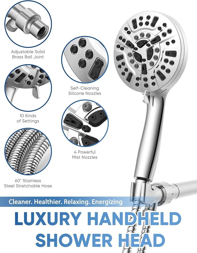Pavezo® High Pressure Shower Head Handheld 5" Large, Extra Long 60" SS Hose 10-mode Portable Detachable Shower Head with Hard Water Filter for Bathroom, Anti-clog & Powerful to Clean Tile & Pets