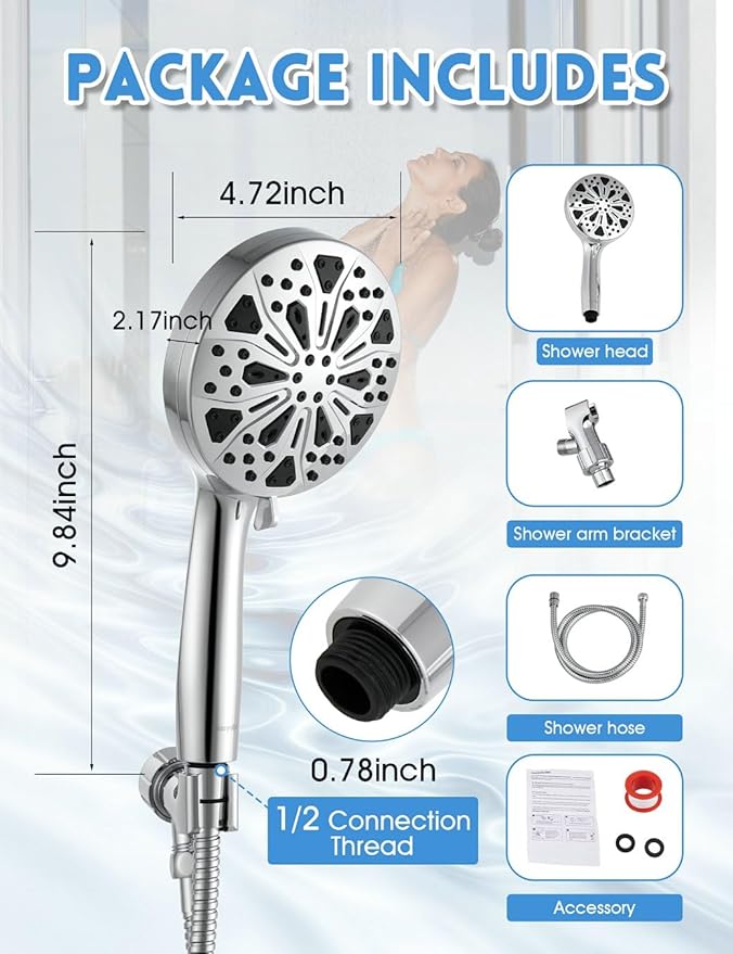 High Pressure Shower Head with Handheld, 10 Spray Modes Hand Held Showerhead, Built-in 2-Mode Power Wash for Bathroom Tub & Pets, 59 Inch Stainless Steel Hose, Adjustable Bracket, Chrome