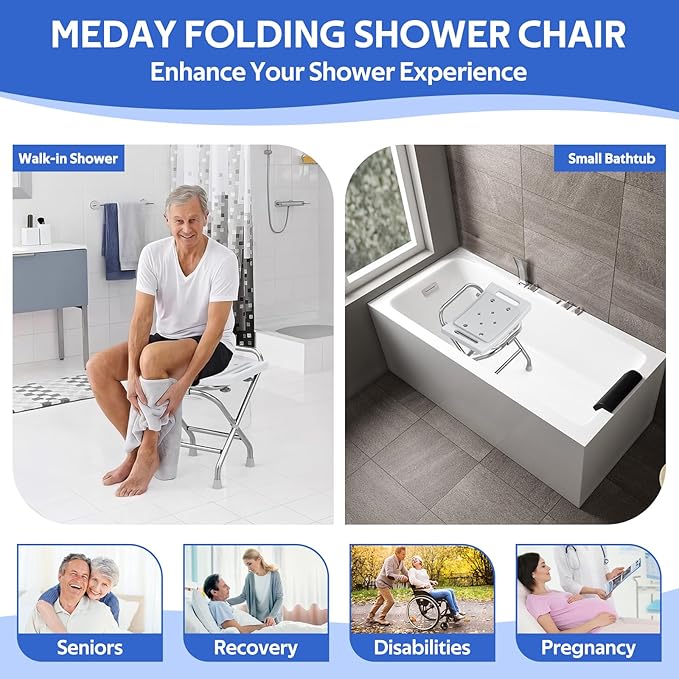 Folding Shower Seat - Stainless Steel Shower Chair for Inside Shower - 420lbs Height Adjustable Foldable Shower Stool - Portable Travel Collapsible Bath Bench for Elderly, Handicap & Disabled