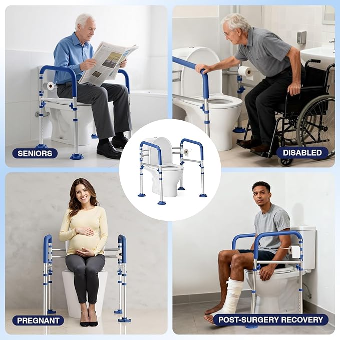 Loyoda Foldable Toilet Safety Rails for Seniors - Adjustable Toilet Safety Frame & Toilet Handles for Elderly & Disabled, Fits Most Toilets, 350lb Capacity, Blue