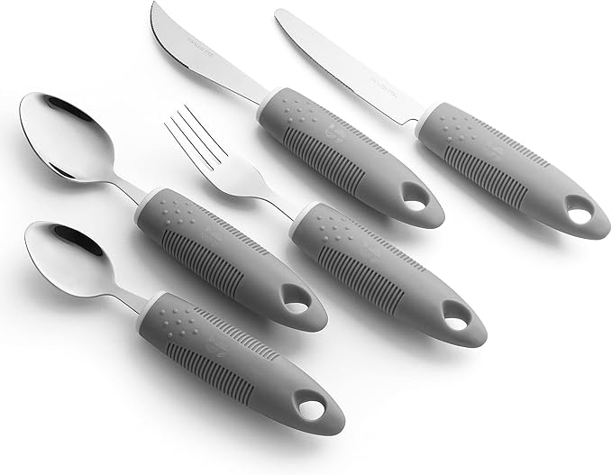 Special Supplies Adaptive Utensils (5-Piece Kitchen Set) Wide, Non-Weighted, Non-Slip Handles for Hand Tremors, Arthritis, Parkinson’s or Elderly Use (Grey)