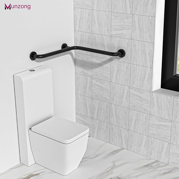 Shower Grab Bar Munzong Anti Slip Bathroom Grab Bar, 16 Inch Angled L-Shaped Knurled Balance Bar, Black Safety Hand Rail Support Handicap Assist Bath Handle Elderly Injury Senior