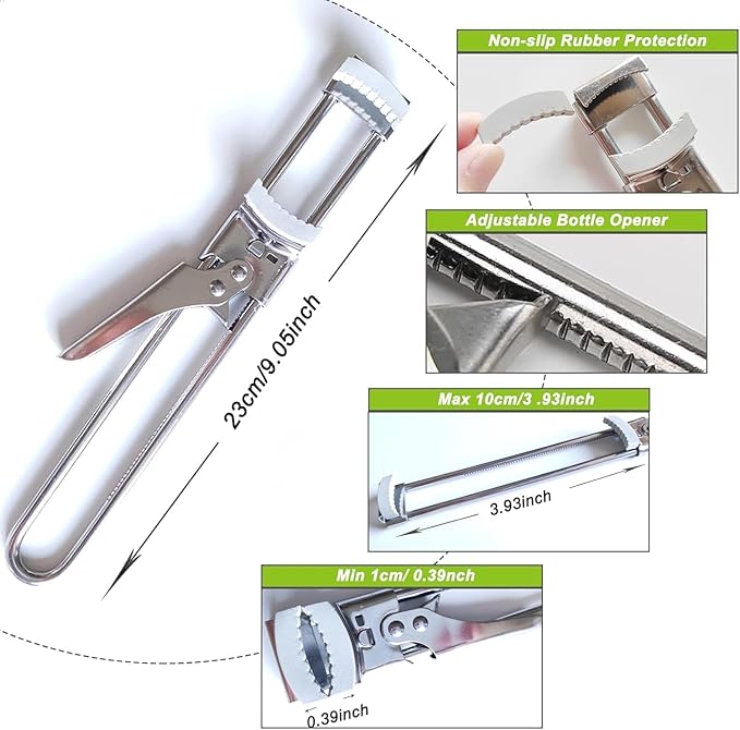2Pcs Adjustable Stainless Steel Jar Opener for Seniors, Manual Can Opener & Bottle Opener Set for Weak Hands, Easy Grip Jar Opener Gripper for Arthritis and Limited Hand Strength