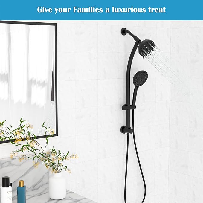 Lordear Rain Shower Head with Handheld Spray 7 Functions 3-Way Water Diverter Double Rain Hotel Spa Dual Bathroom Rain Shower Head Combo, Adjustable Sliding Bar,Black