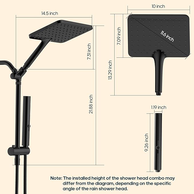 High Pressure Rain Shower Head with Handheld Combo, 10 Inch Square Rainfall Showerhead, Adjustable Slide Bar Dual Shower System, 3 Spray Modes, 59" Stainless Steel Hose, Gold