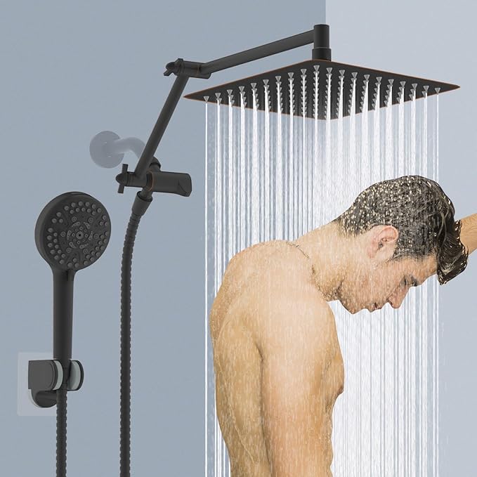 All Metal Rain Shower Head, 10” High Pressure Rainfall Shower Head with Handheld Spray, 10-Mode Powerful Cleaning Handheld Showerhead, 16" Stainless Steel Adjustable Extension Arm, Oil Rubbed Bronze