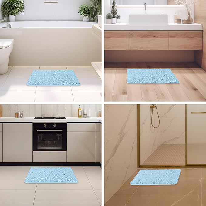 Light Blue Bathroom Rugs – Absorbent and Washable Bath Mat, Non-Slip, Thick Soft Chenille Bath Rugs for Bathroom Floor, Shower, Sink - 17" x 24"