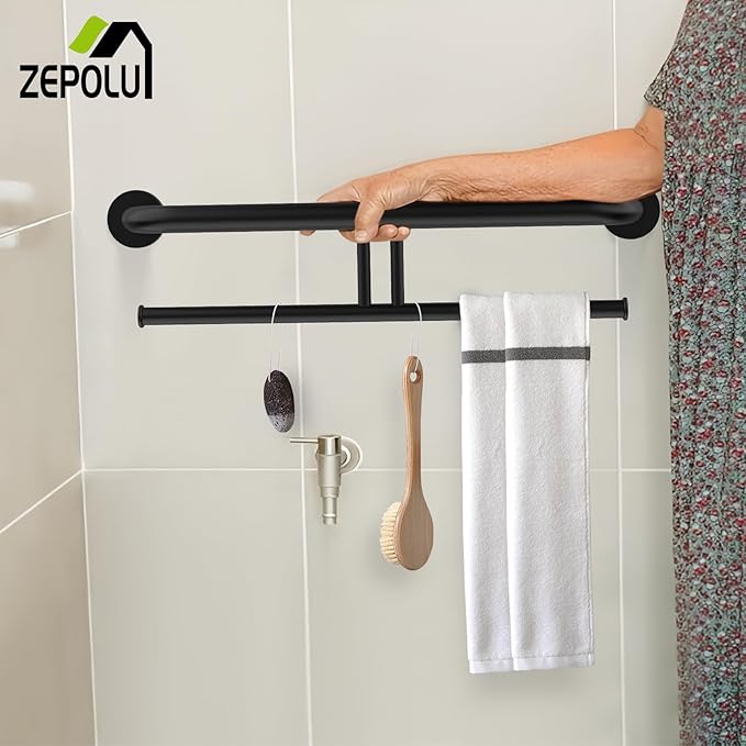 24 inch Black Grab Bar w/Double Roll Toilet Paper Holder, Zepolu 2-in-1 Safety Assist Bar Balanced Support Handle, Stainless Steel Wall Mounted Bathroom Toilet Grab Bar for Senior Elderly Handicap