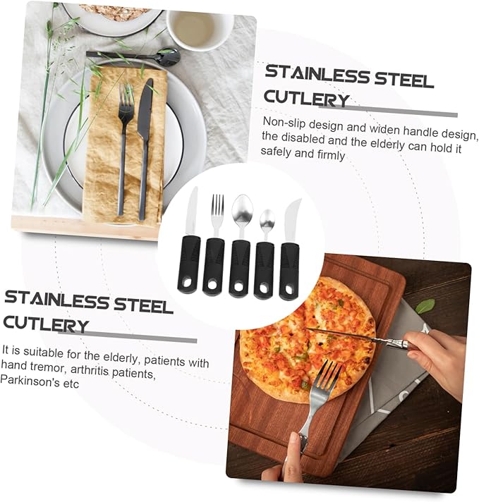 Adaptive Utensils 5-Piece Set - Weighted Utensils for Hand Tremors, Elderly, Stainless Steel Fork, Knife, Spoon Silverware Set