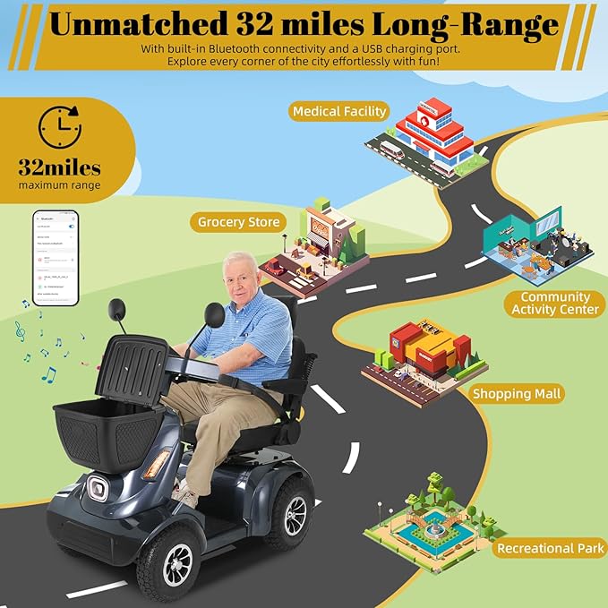 Ecomobi Outdoor Heavy Duty Mobility Scooter for Adults & Seniors - 1000W, 500 lbs Bariatric Capacity, 32 Miles Long Range, 13.78 in Off-Road Tires, 15 MPH Max Speed, Full Suspension, Bluetooth Speaker
