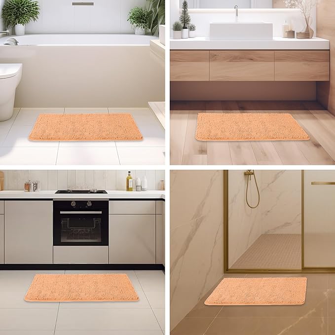Peach Bathroom Rugs – Absorbent and Washable Bath Mat, Non-Slip, Thick Soft Chenille Bath Rugs for Bathroom Floor, Shower, Sink - 20" x 32"