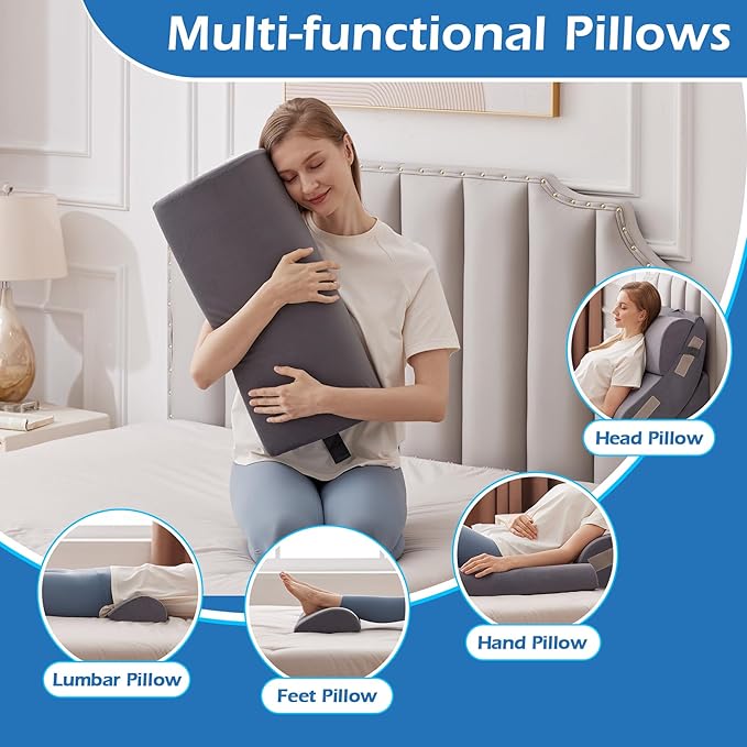 Ahpmeoa 6PCS Orthopedic Bed Wedge Pillow Set for Sitting up in Bed, Memory Foam Post Surgery Pillow for Back Pain Relief, Back Support Pillow for Acid Reflux Relief, GERD, Anti Snoring (Plush Grey)