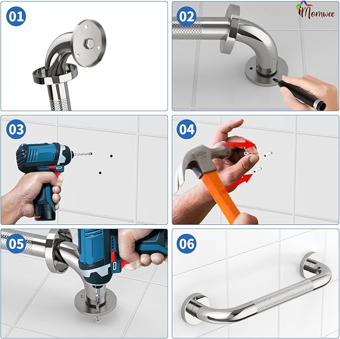 2 Pack Chrome Grab Bar 12 Inch, iMomwee Stainless Steel Non-Slip Shower Grab Bar W/Knurled Grip, Safety Bathroom Handrail, Balance Support Bar Toilet Bathtub Assist Handle for Elderly Senior Disabled