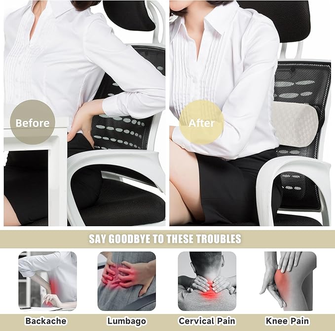 Lumbar Roll Pillow for Lower Back, Lumbar Support Foam Roll Cushion with Pillowcase and Upgraded Strap for Office, Chair, Car, Seat Pain Relief & Improving Posture (Cream, Short-11 * 4.3'')