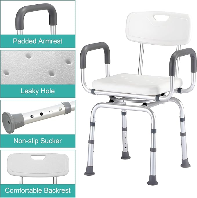 PETKABOO 360 Degree Shower Chair Swivel,Portable Seat with Armrests and Back, Adjustable Height Seat for Bathtub (White1)