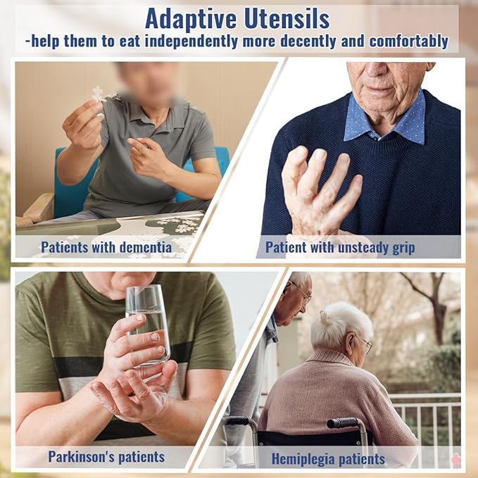Adaptive Utensils Set – Ergonomic Angled Fork & Spoon for Parkinson's, Tremors, and Stroke Recovery – Weighted Utensils for Hand Tremors, Non-Slip Silicone Grip, Dishwasher Safe