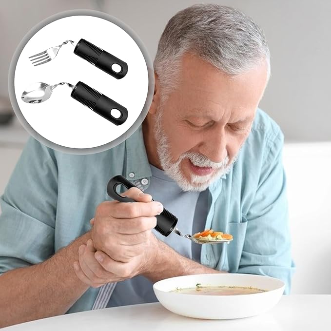 Bendable Adaptive Utensils,1 Pcs Spoon,1pcs Fork(Black),for Elderly, Disabled People, Parkinson’S, Arthritis, Hand Tremors, Weak Hand Grip & Handicapped,Convenient for Independent Eating