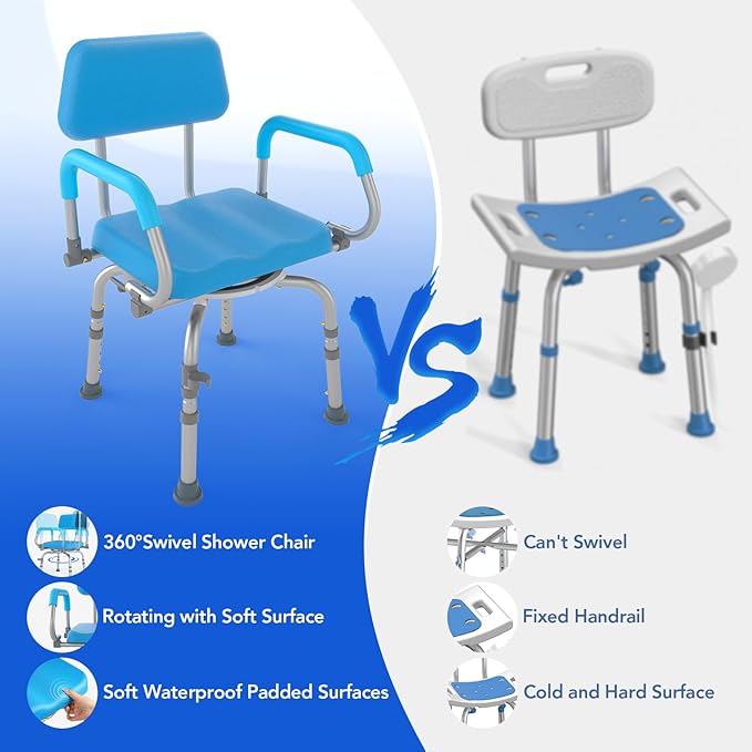 FSA/HSA Eligible Vnsod 360° Swivel Shower Chair for Inside Shower, Bath Chair for Elderly and Disabled, Adjustable Height and Padded Shower Seat with Back & Arms, 330lbs Non-Slip Stool for Inside Tub