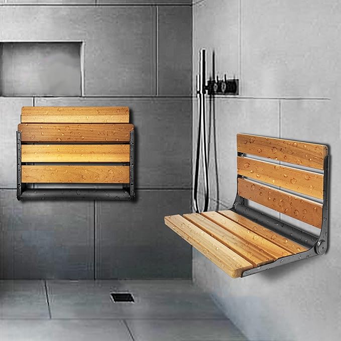 Folding Shower Seat Teak, Bath Safety Furniture Stainless Steel, Shower Seats for Elderly, Fold Down Shower Seat (Black)