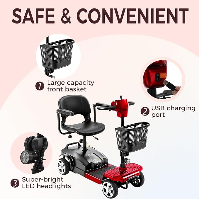 4 Wheel Mobility Scooter for Seniors & Adults 15 Mile Range, 6 MPH Powered Mobility Scooter with 300 lbs Capacity, Foldable Compact Mobility Scooter for Travel, Electric Wheelchair Red