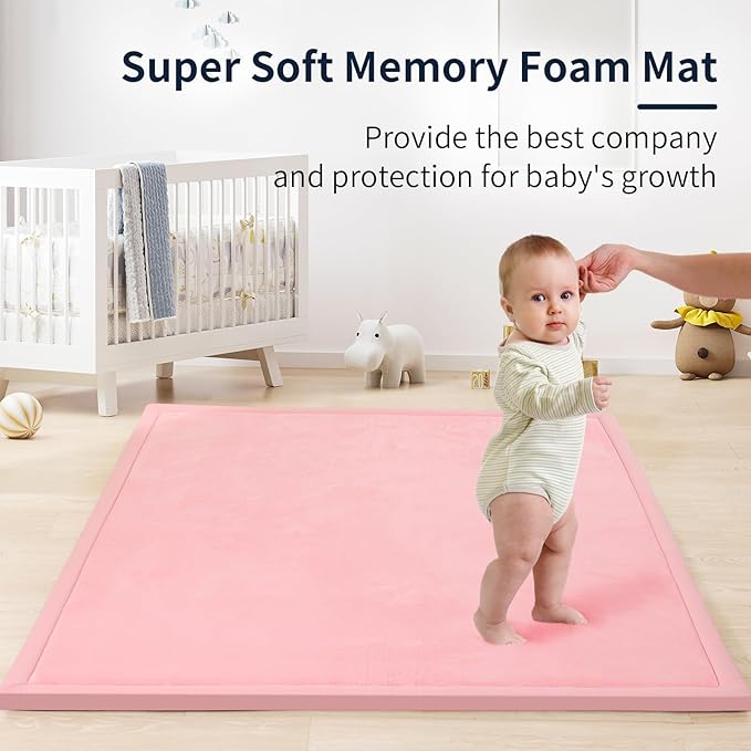 ACOMOPACK Baby Play Mat for Floor 1.3" Thick Memory Foam Play Mat 79"×118" Tummy Time Crawling with Non-slip Bottom for Living Room,Nursery,Soft Velvet Playpen Mats for Kids,Infants(Pink)