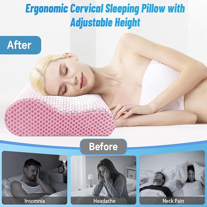 CloudBliss Memory Foam Pillow, Ergonomic Neck Contour Cervical Pillow for Back and Shoulder Pain, Orthopedic Pillow for Neck Pain Relief, for Sleeping Side, Back, Stomach Sleepers - Pink, Standard