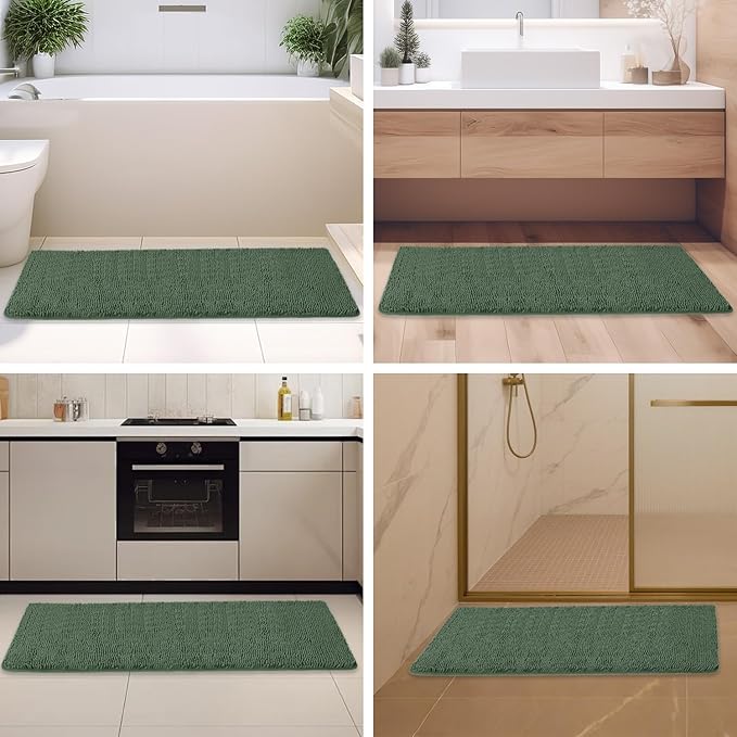 Hunter Green Bathroom Rugs – Absorbent and Washable Bath Mat, Non-Slip, Thick Soft Chenille Bath Rugs for Bathroom Floor, Shower, Sink - 26" x 44"