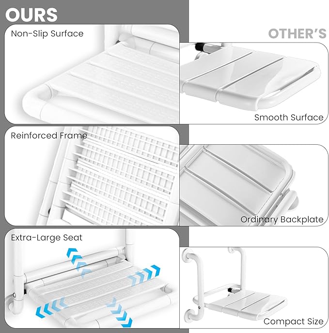 16-Inch Wall Mounted Shower Seats with Armrests, Space-Saving Foldable Shower Bench for Small Bathrooms, Safety Wall-Mounted Foldable Shower Chair with Reflective Strips, Holds up to 330 lbs