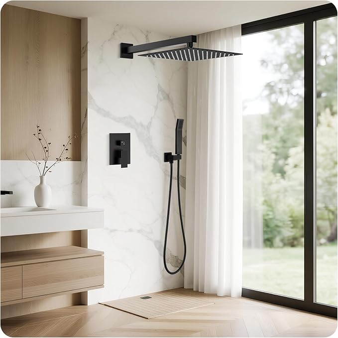 Black Shower Faucet Set, 10 inch Rain Shower System with Pressure Balance Valve, Wall Mounted 2-Functions Bathroom Shower Systems with Rain Shower and Handheld Spray Shower Trim Included