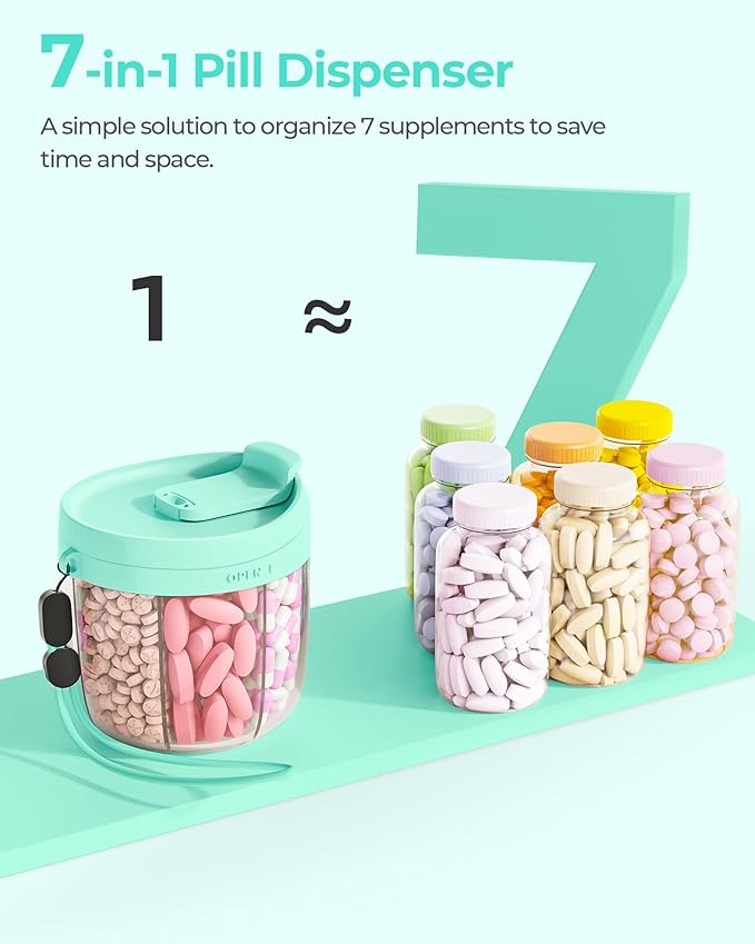 AMOOS Cute Pill Dispenser with 7 Large Compartments, Portable Pill Bottle Organizer with Wide Opening for Easy Use, Anti-Mix Pill Organizer for Travel, BPA-Free Pill Container, Green