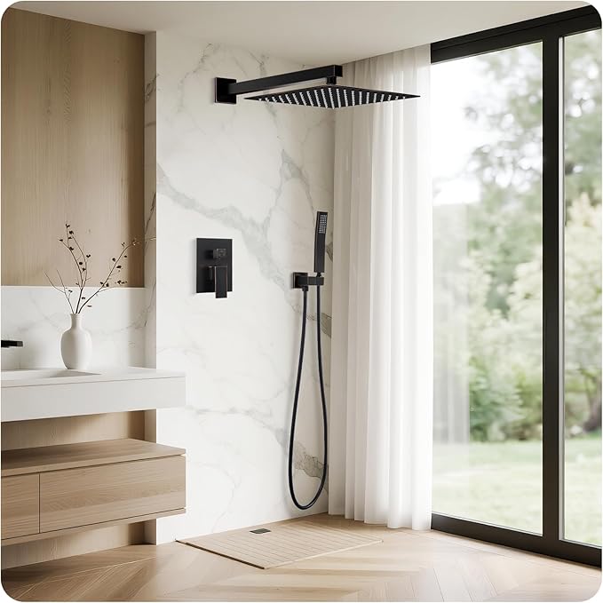 ORB Shower Faucet Set, 10 inch Rain Shower System with Pressure Balance Valve, Wall Mounted 2-Functions Bathroom Shower Systems with Rain Shower and Handheld Spray Shower Trim Included